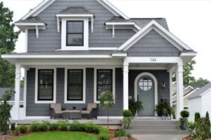 An exterior house painted gray